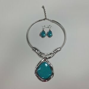 Silver-Tone Necklace Choker Earrings Set Turquoise Aqua Blue